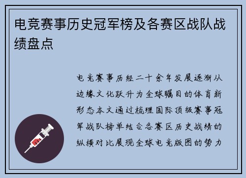 电竞赛事历史冠军榜及各赛区战队战绩盘点